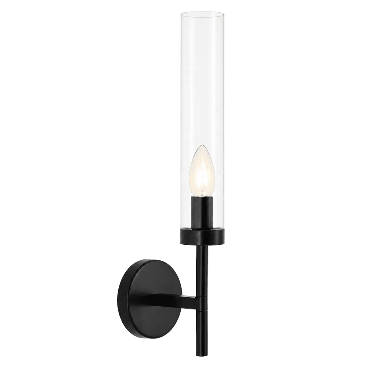 Black wall light with a clear glass shade and a candle-style bulb, mounted on a round base.