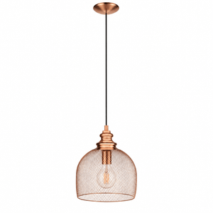 Copper mesh pendant light with a sleek design, suspended from a black cord against a white background.