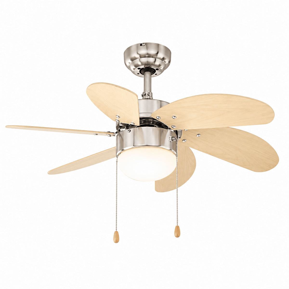 Six-blade ceiling fan, satin chrome motor, natural wood blades, central opal glass light, pull chains, white background.