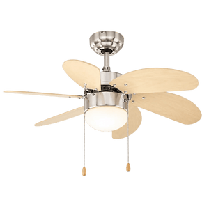 Six-blade ceiling fan, satin chrome motor, natural wood blades, central opal glass light, pull chains with wooden beads.