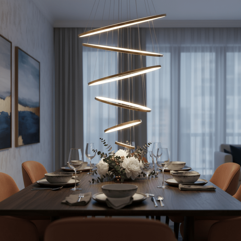 Gold Mega Ribbon LED pendant light hanging above a dining table set with plates and glasses, creating a modern ambiance.