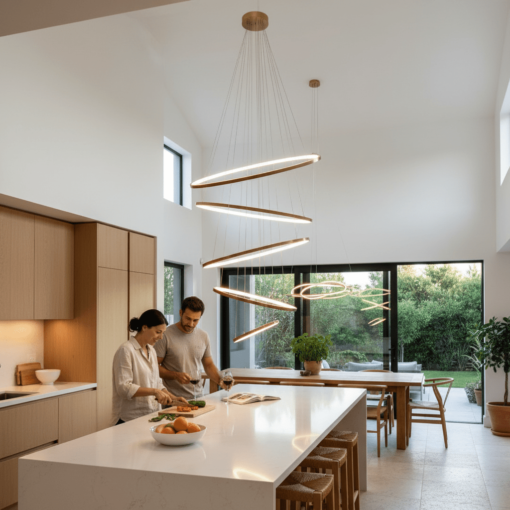 Gold Mega Ribbon LED Pendant Light hangs above a modern kitchen island with two people preparing food.