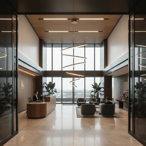 Gold Mega Ribbon LED Pendant Light suspended in a modern office reception area with large windows.