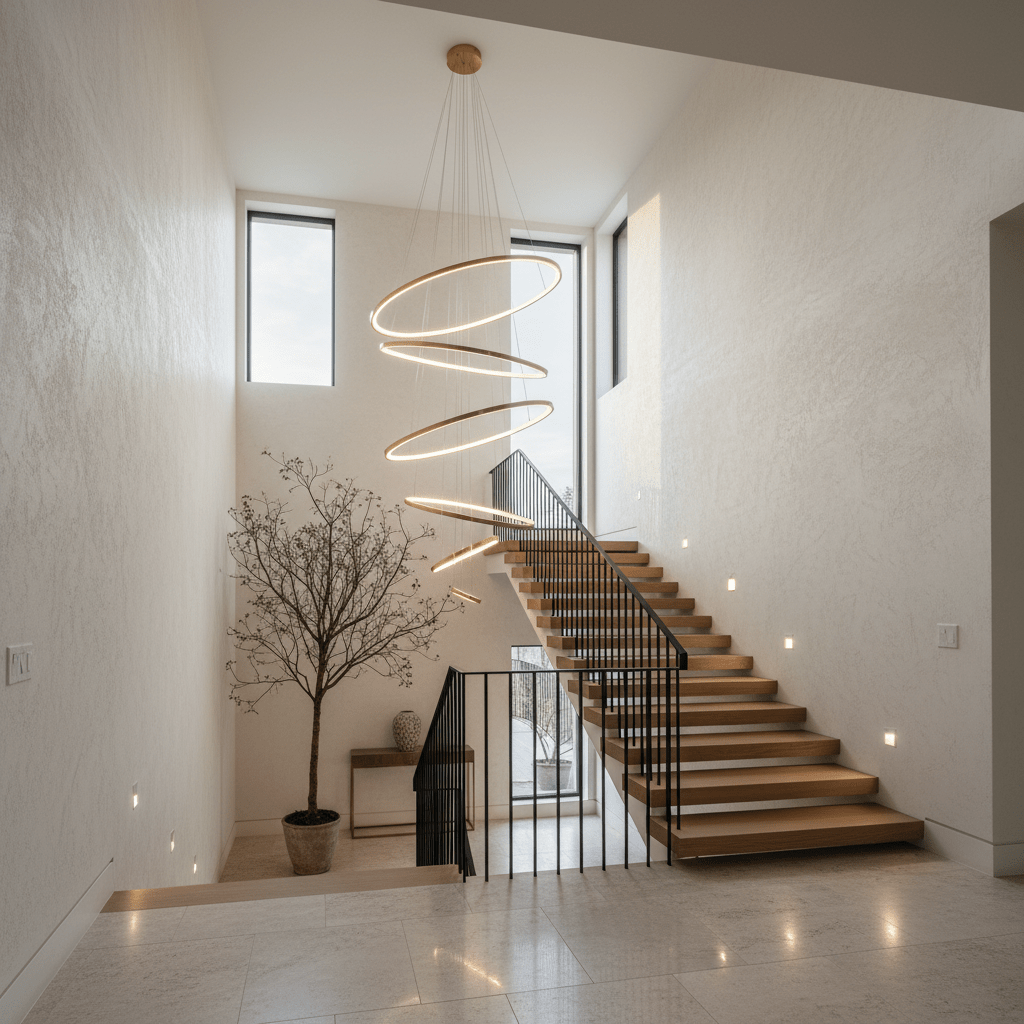 Gold Mega Ribbon LED Pendant Light suspended above a staircase, enhancing the modern interior with its sculptural design.