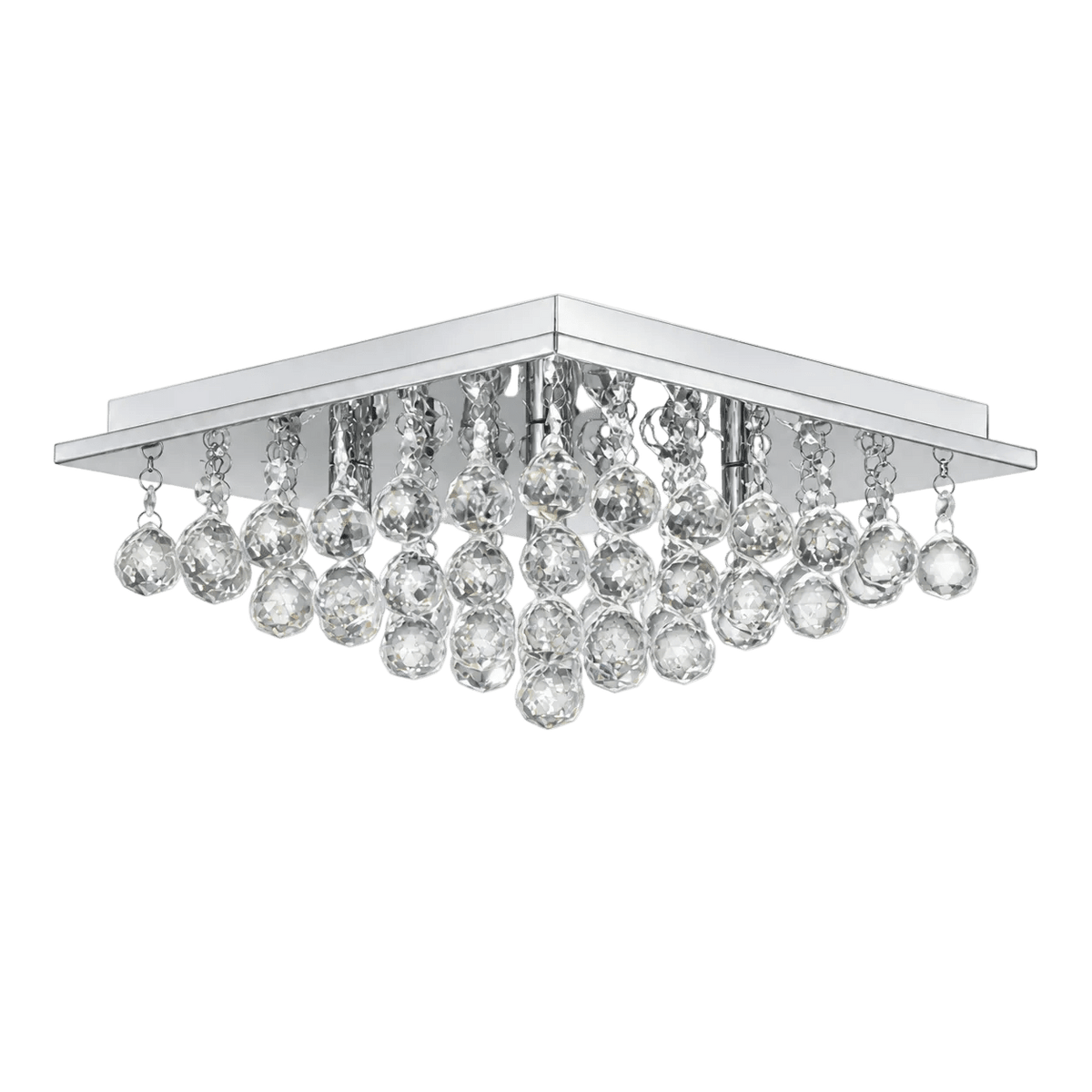 Small square ceiling fitting with a polished chrome finish and hanging crystal K9 droplets.