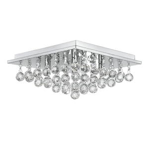 Small square ceiling fitting with a polished chrome finish and hanging crystal K9 droplets.