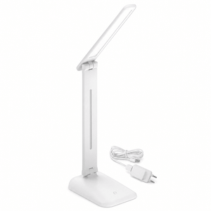 Sophia rechargeable LED table lamp with foldable arm and touch control, accompanied by charging cable.