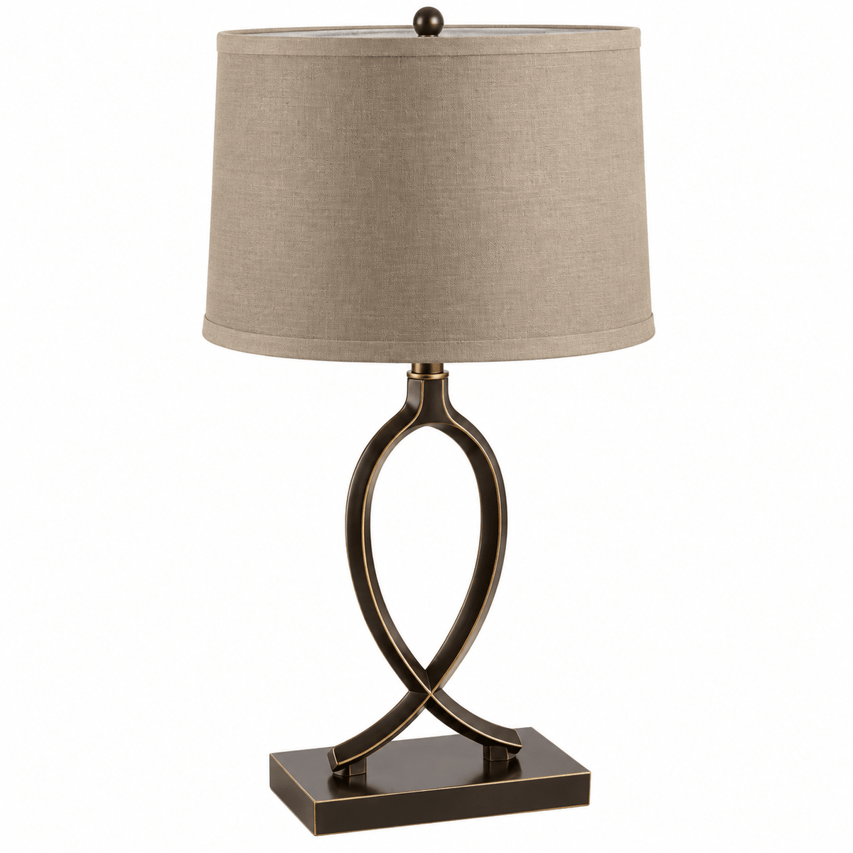 A black and gold table lamp with a curved base and a beige fabric shade.