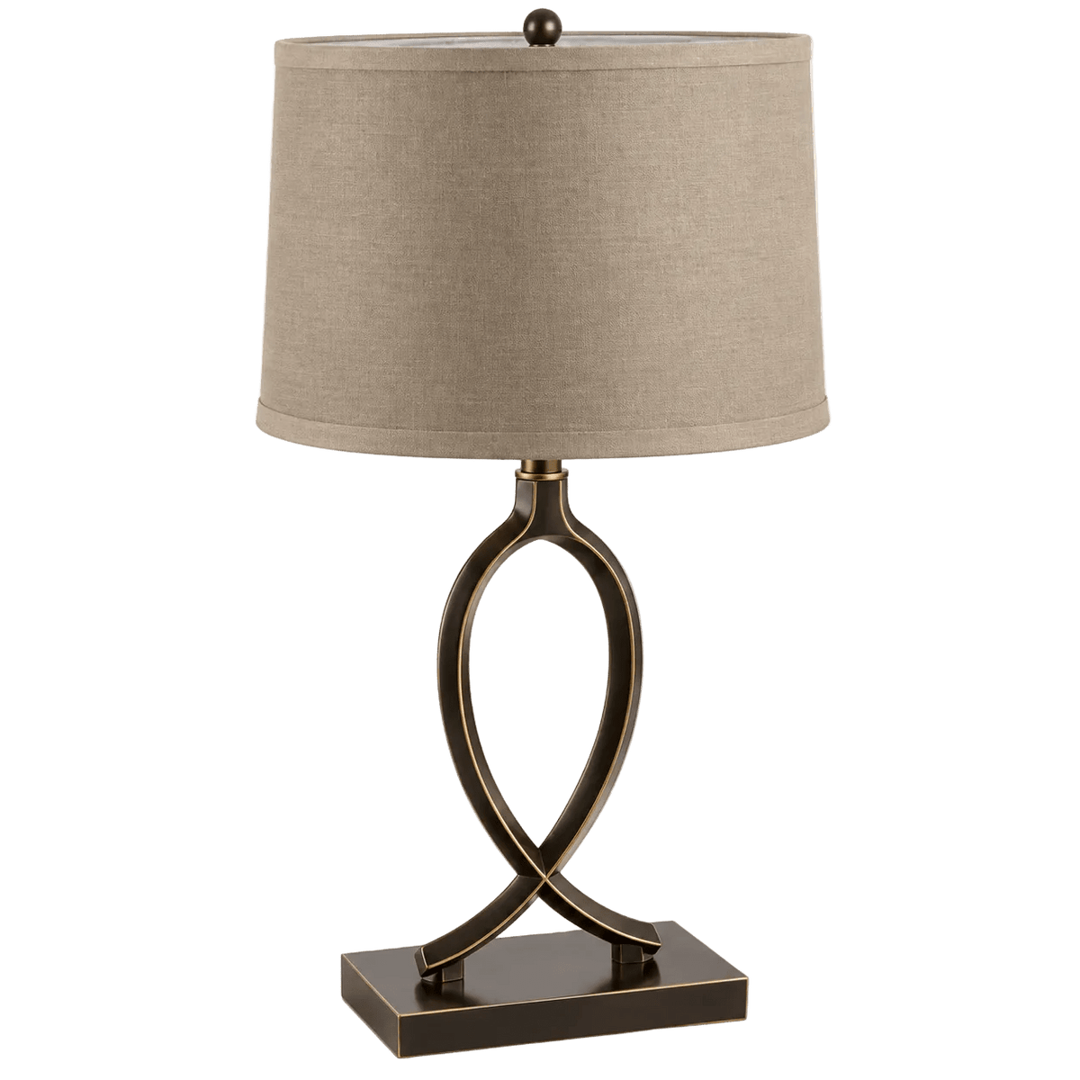 A black and gold table lamp with a curved base and a beige fabric shade, featuring a round finial on top.