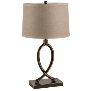 A black and gold table lamp with a curved base and a beige fabric shade, featuring a round finial on top.