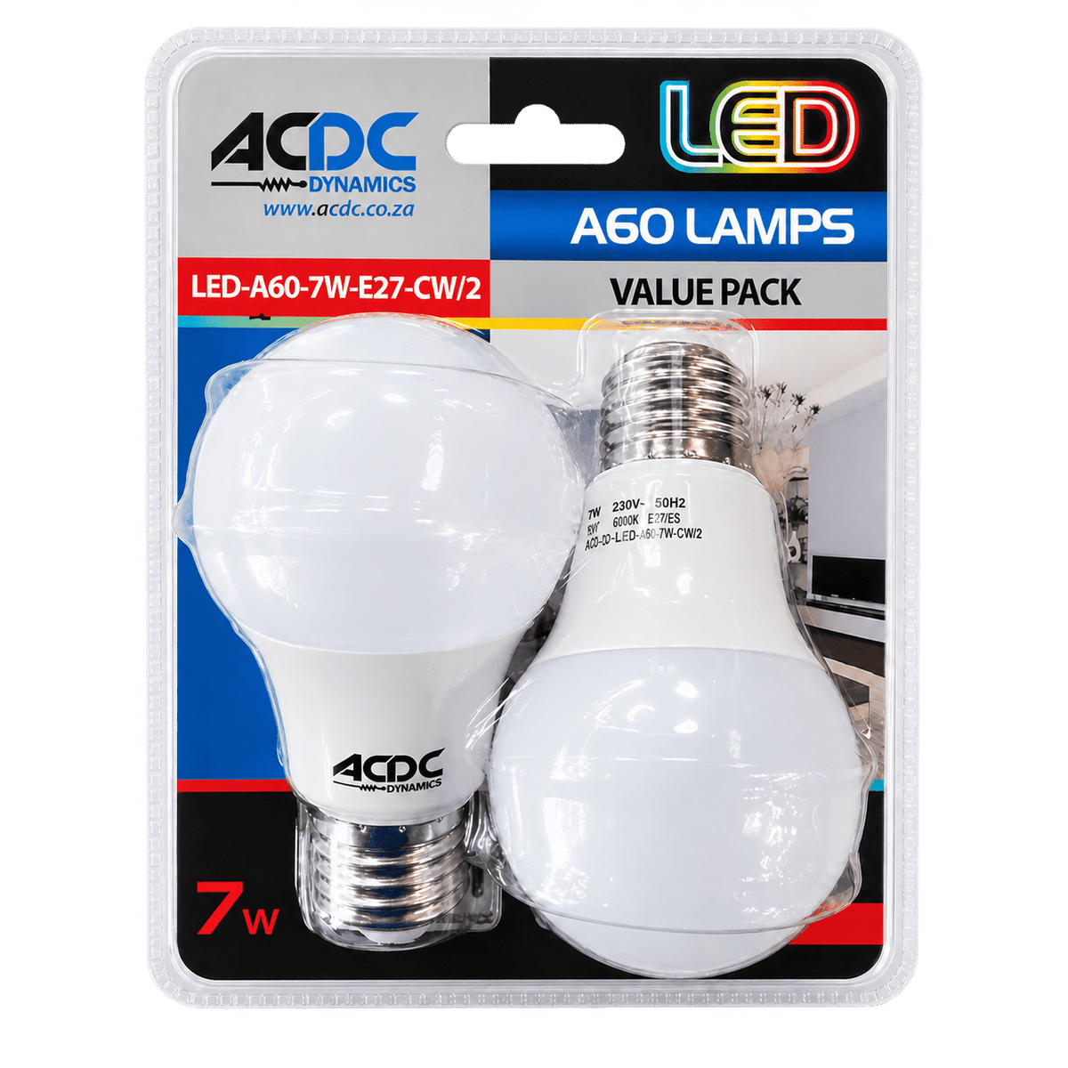 7W Cool White LED Lamp - E27, 2 Pack