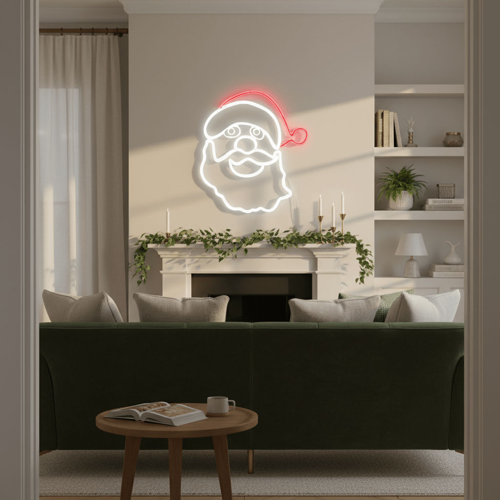 Father Christmas face LED motif light mounted above a festive mantel in a cozy living room setting.