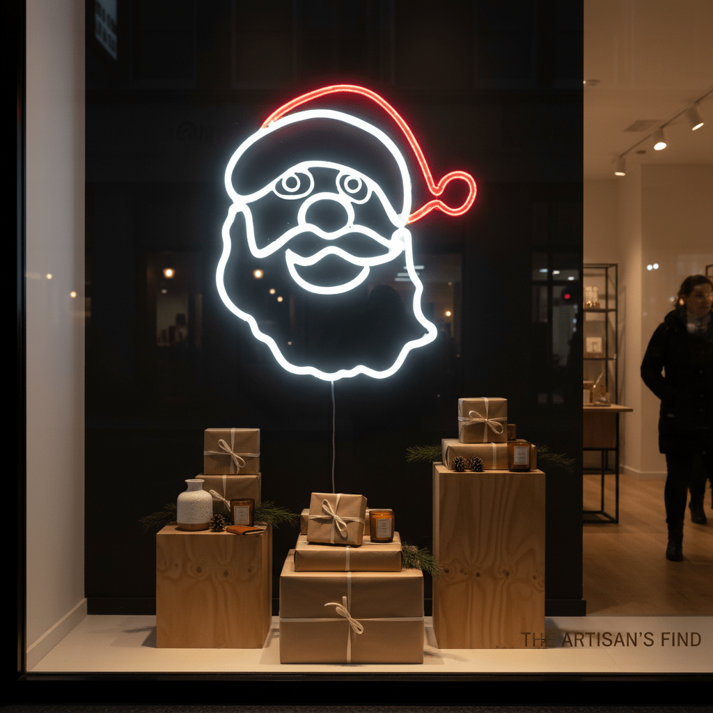 LED Christmas light featuring a Father Christmas face, displayed in a retail window with gift boxes.