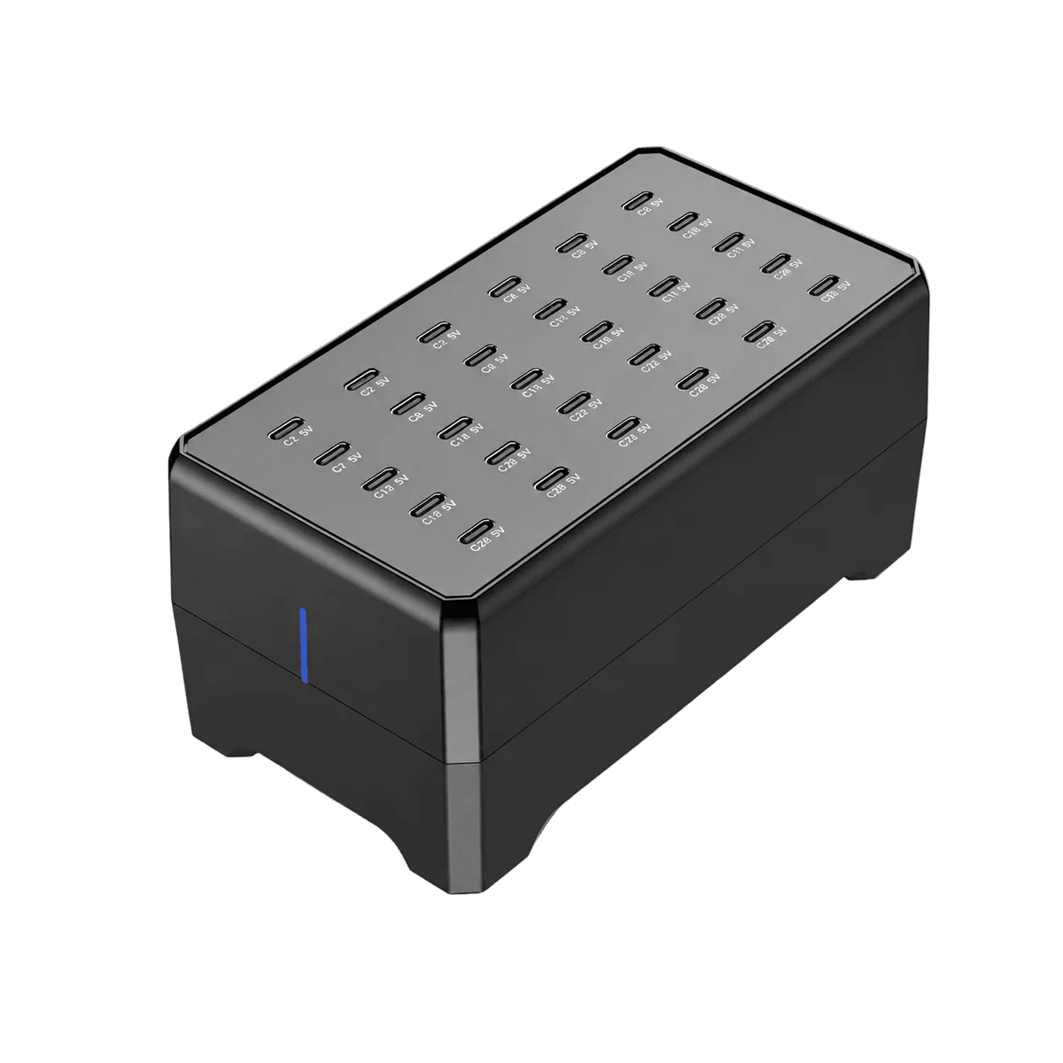 Black USB Type-C charger with 30 ports on top, featuring a blue indicator light on the front.