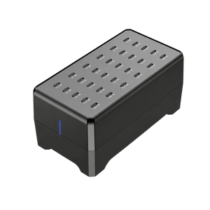 Black USB Type-C charger with 30 ports on top, featuring a blue indicator light on the front.