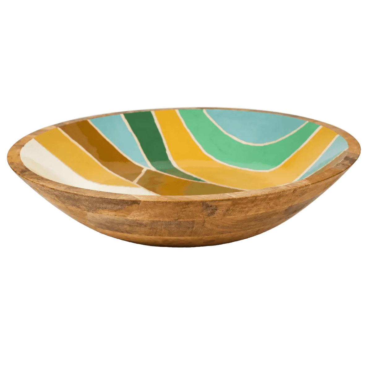 A shallow, round bowl made of mango wood, featuring a colorful wave pattern in green, yellow, and blue on the interior.