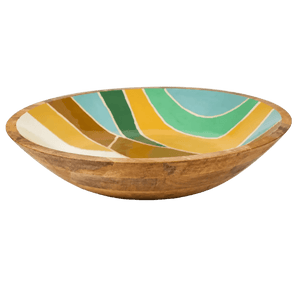 A shallow, round bowl made of mango wood, featuring a colorful wave pattern in green, yellow, and blue on the interior.