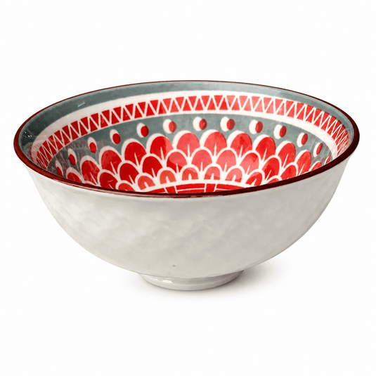 Ceramic bowl featuring a red and grey mandala design, showcasing intricate patterns and a smooth finish.