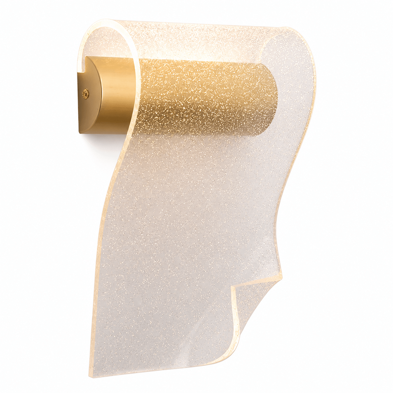 Gold Wave LED Wall Light featuring a satin gold finish and clear glitter acrylic design.