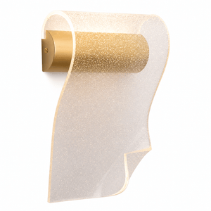 Gold Wave LED Wall Light featuring a satin gold finish and clear glitter acrylic design.
