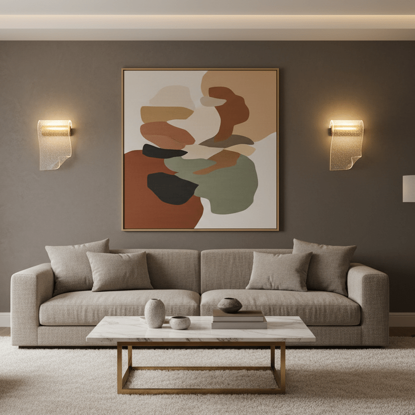 Gold Wave LED Wall Light illuminating a contemporary living room with abstract artwork.
