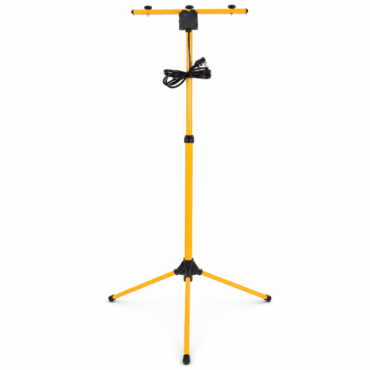 Yellow and black double head tripod stand for task lighting, featuring adjustable heads and sturdy base.