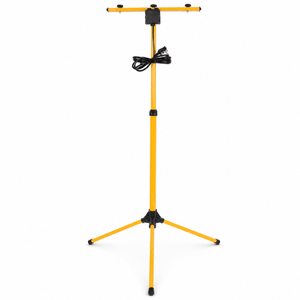 Yellow and black double head tripod stand for task lighting, featuring adjustable heads and sturdy base.