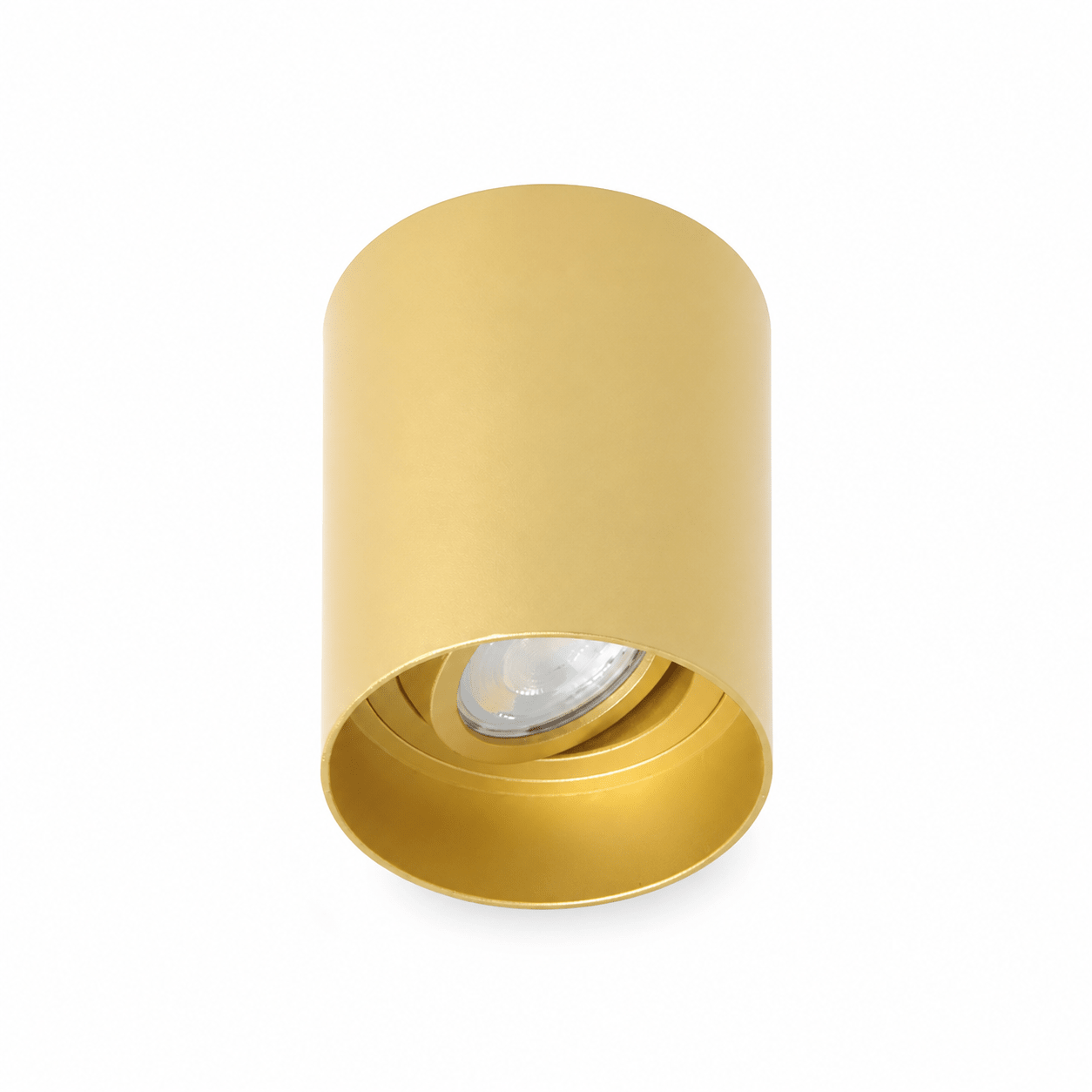 Gold adjustable surface-mounted GU10 downlight with a sleek cylindrical design.