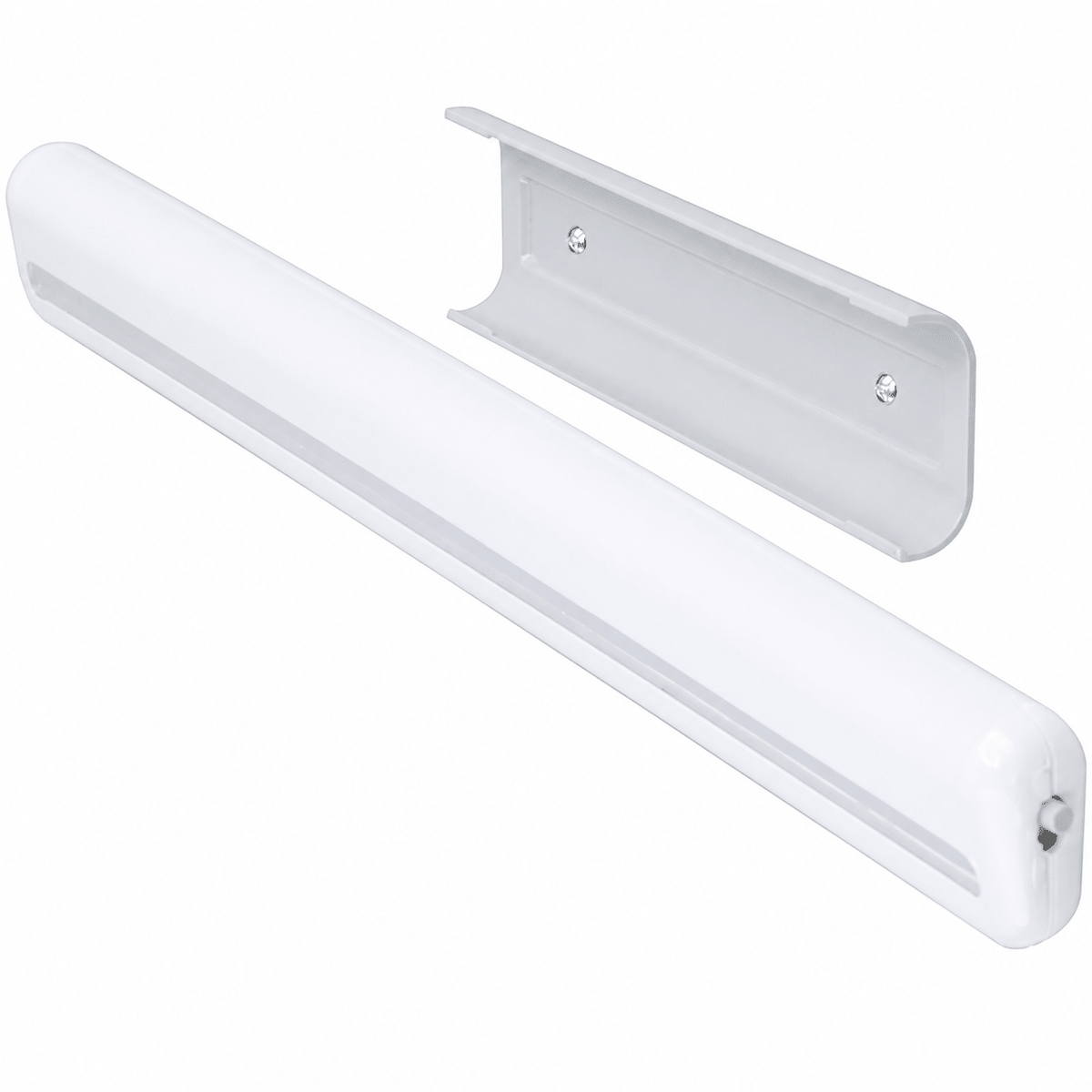 Battery operated cabinet light with magnet sensor, featuring a slim white design and mounting bracket.