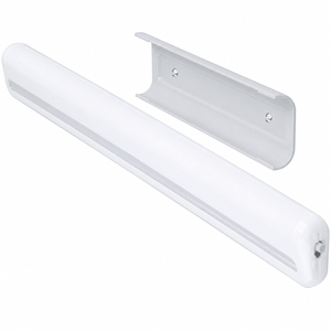 Battery operated cabinet light with magnet sensor, featuring a slim white design and mounting bracket.