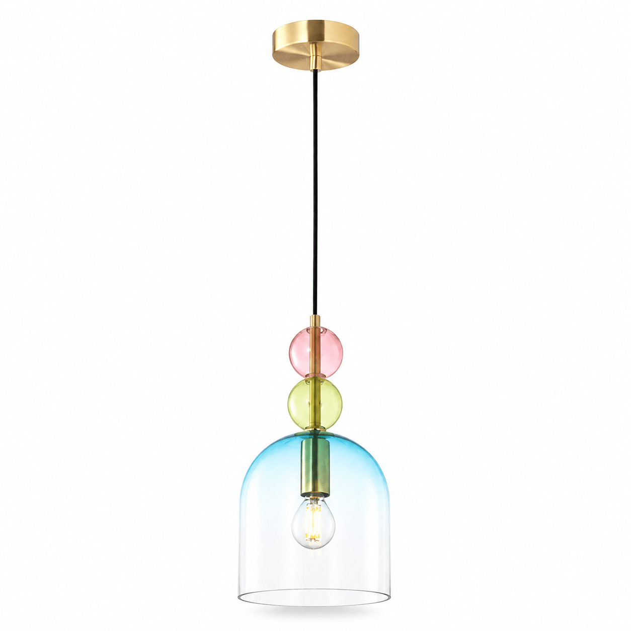 Rainbow blue glass pendant light with colorful glass accents and a gold ceiling mount.