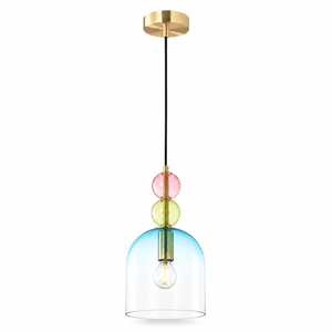 Rainbow blue glass pendant light with colorful glass accents and a gold ceiling mount.