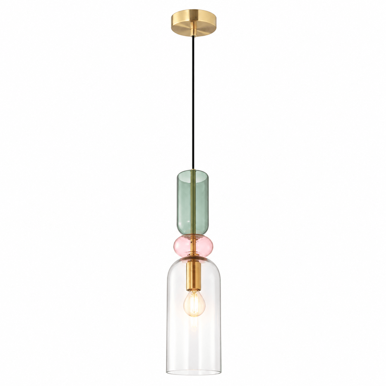 Multi-tone glass pendant light featuring soft grey, pink, and green tints with warm brass detailing.