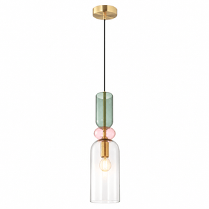 Multi-tone glass pendant light featuring soft grey, pink, and green tints with warm brass detailing.