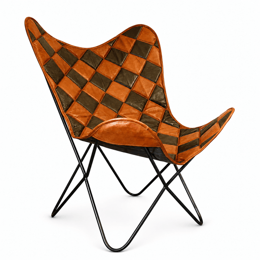 Leather Iron Butterfly Chair with a quilted design in orange and green tones, featuring an iron frame.