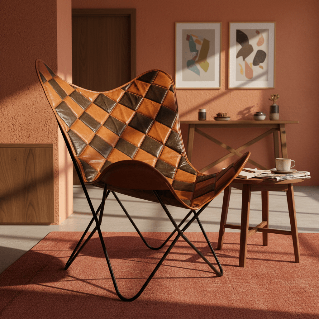 Leather Iron Butterfly Chair in a cozy room with a wooden table and decorative wall art.
