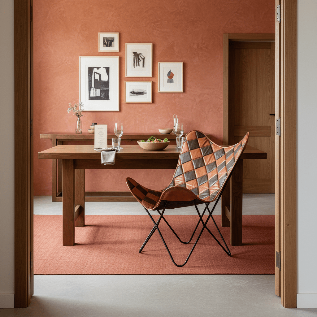 Leather Iron Butterfly Chair in a stylish dining area with a wooden table and decorative wall art.