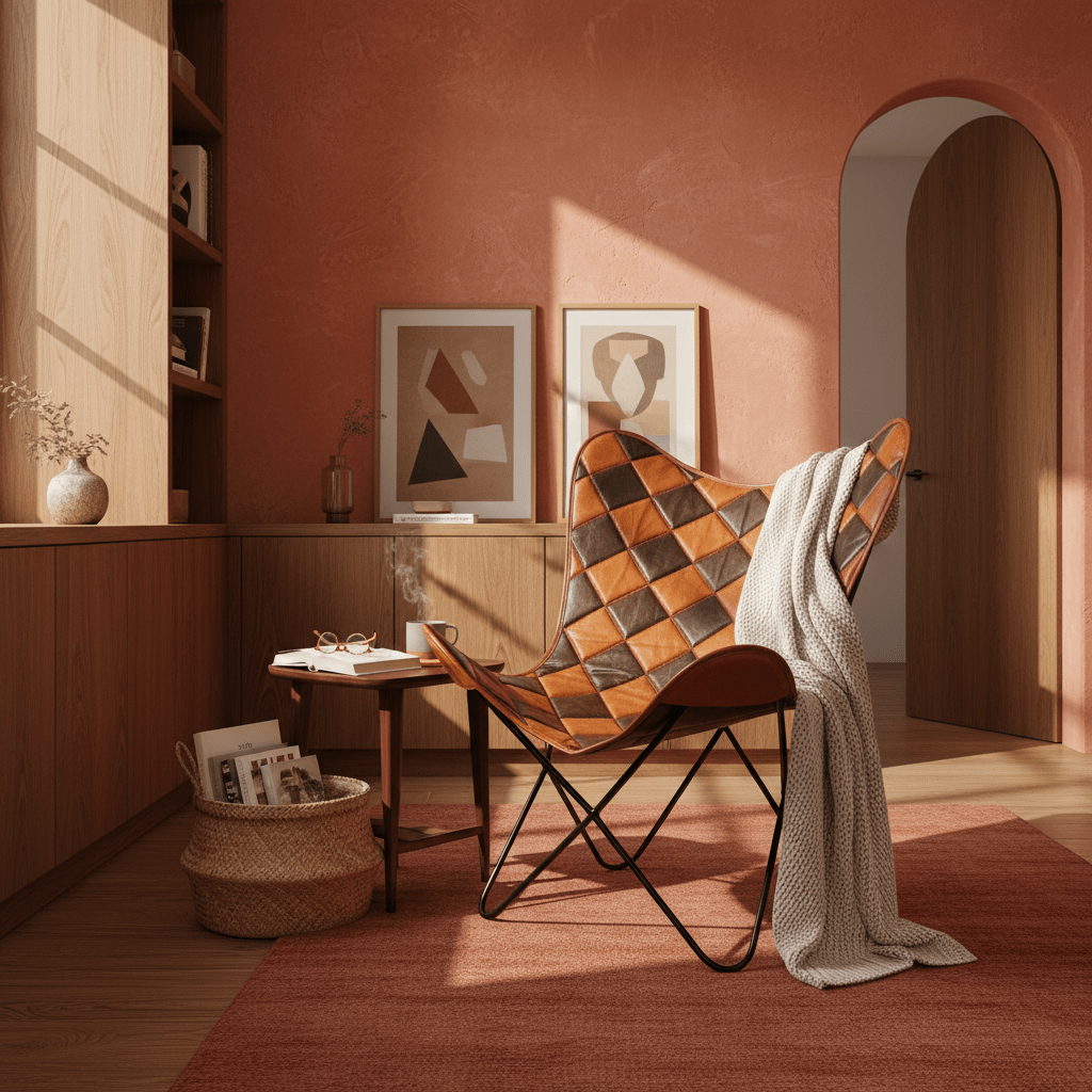 Leather Iron Butterfly Chair in a cozy room with warm tones, a side table, and decorative elements.
