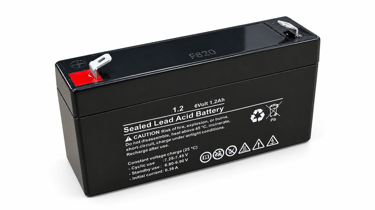 Rechargeable 6V 1.2Ah sealed lead-acid battery on a white background
