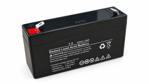 Rechargeable 6V 1.2Ah sealed lead-acid battery on a white background