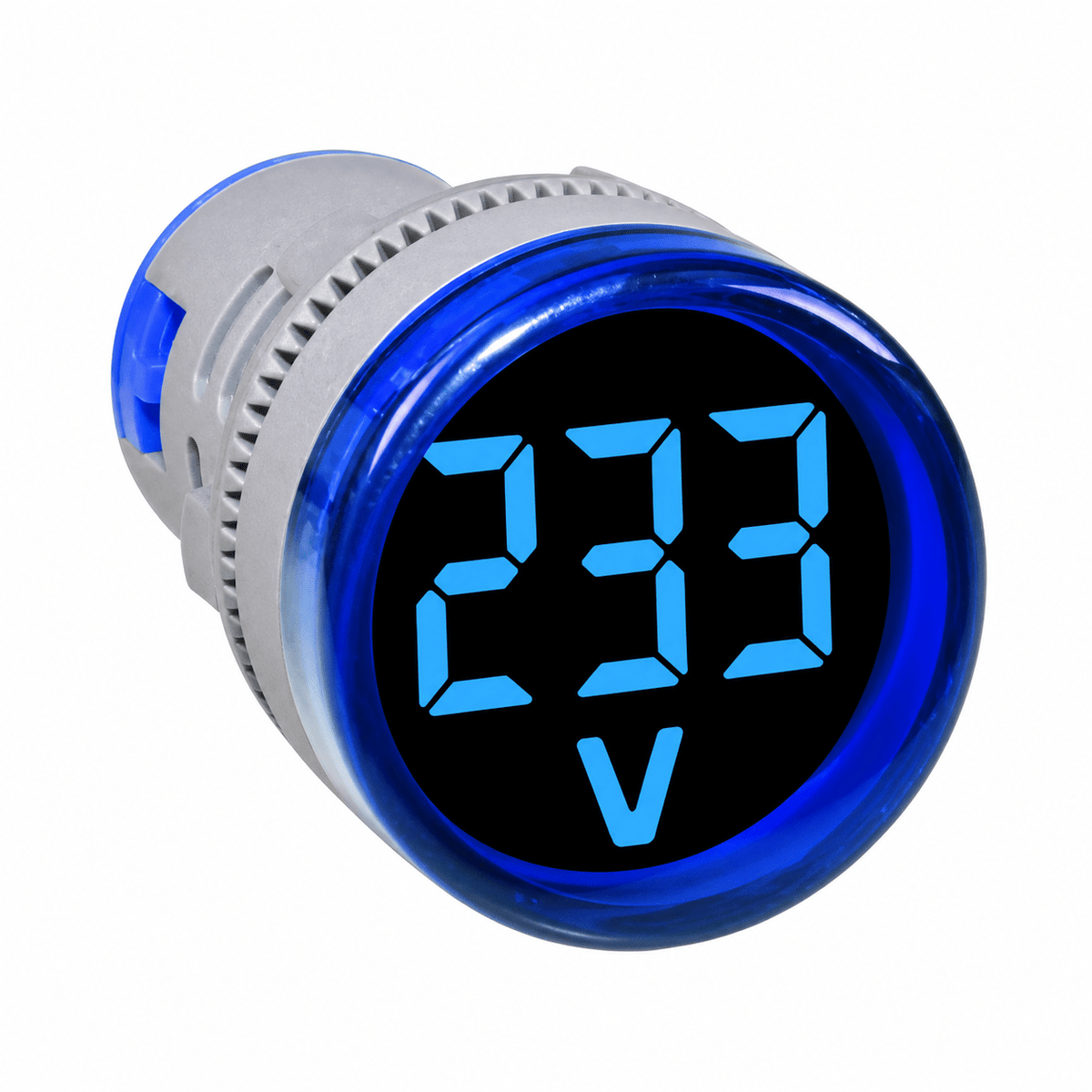 Blue AC voltage display meter showing 233V, designed for panel-mounted monitoring.