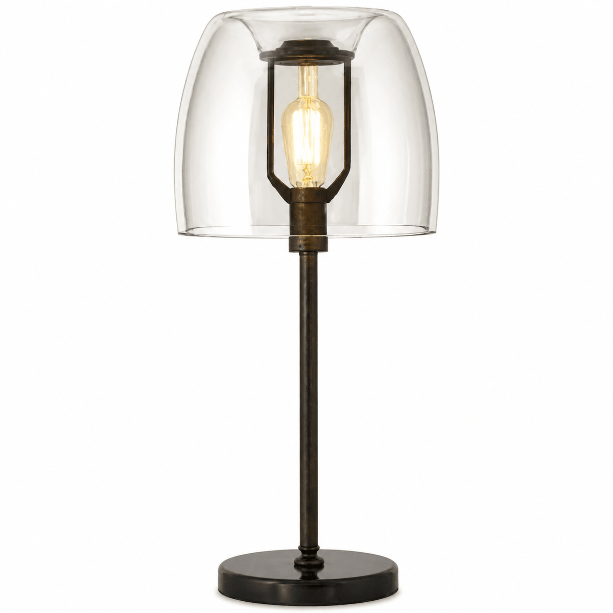 Campbell Cognac Table Lamp featuring a cognac glass shade and black metal stem, providing warm ambient lighting.