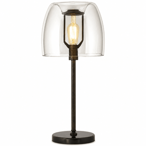 Campbell Cognac Table Lamp featuring a cognac glass shade and black metal stem, providing warm ambient lighting.