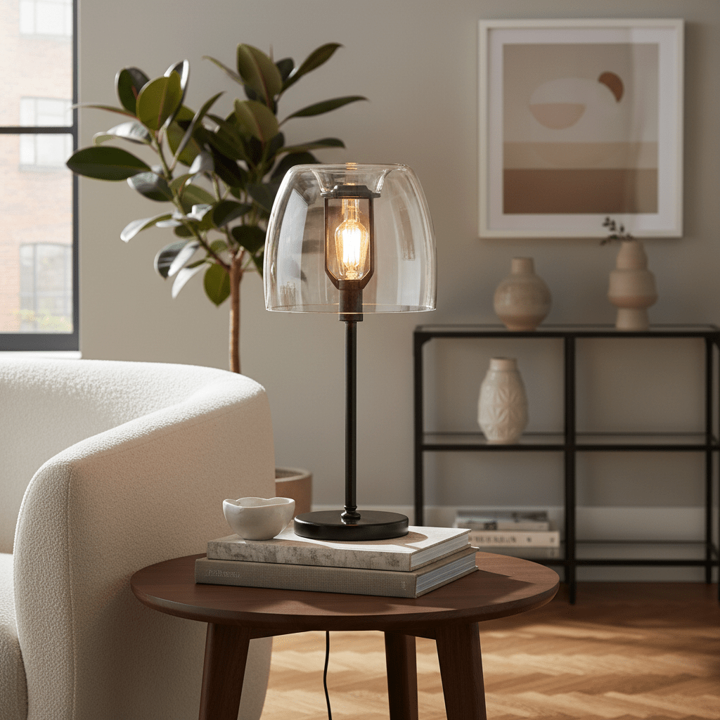 Table lamp with clear glass shade and black stem lit on a round side table, styled beside a white sofa with books and a