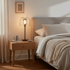 Campbell Cognac Table Lamp on a bedside table, casting a warm glow in a cozy bedroom setting.