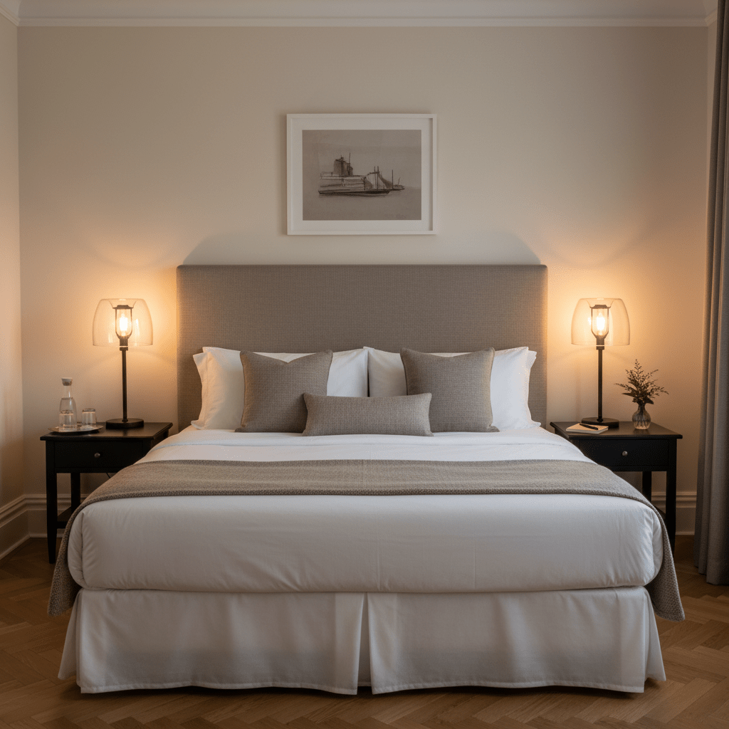 A cozy bedroom featuring the Campbell Cognac Table Lamp on a bedside table, casting a warm glow.