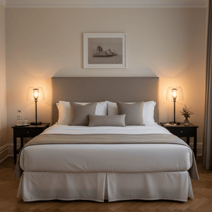 A cozy bedroom featuring the Campbell Cognac Table Lamp on a bedside table, casting a warm glow.