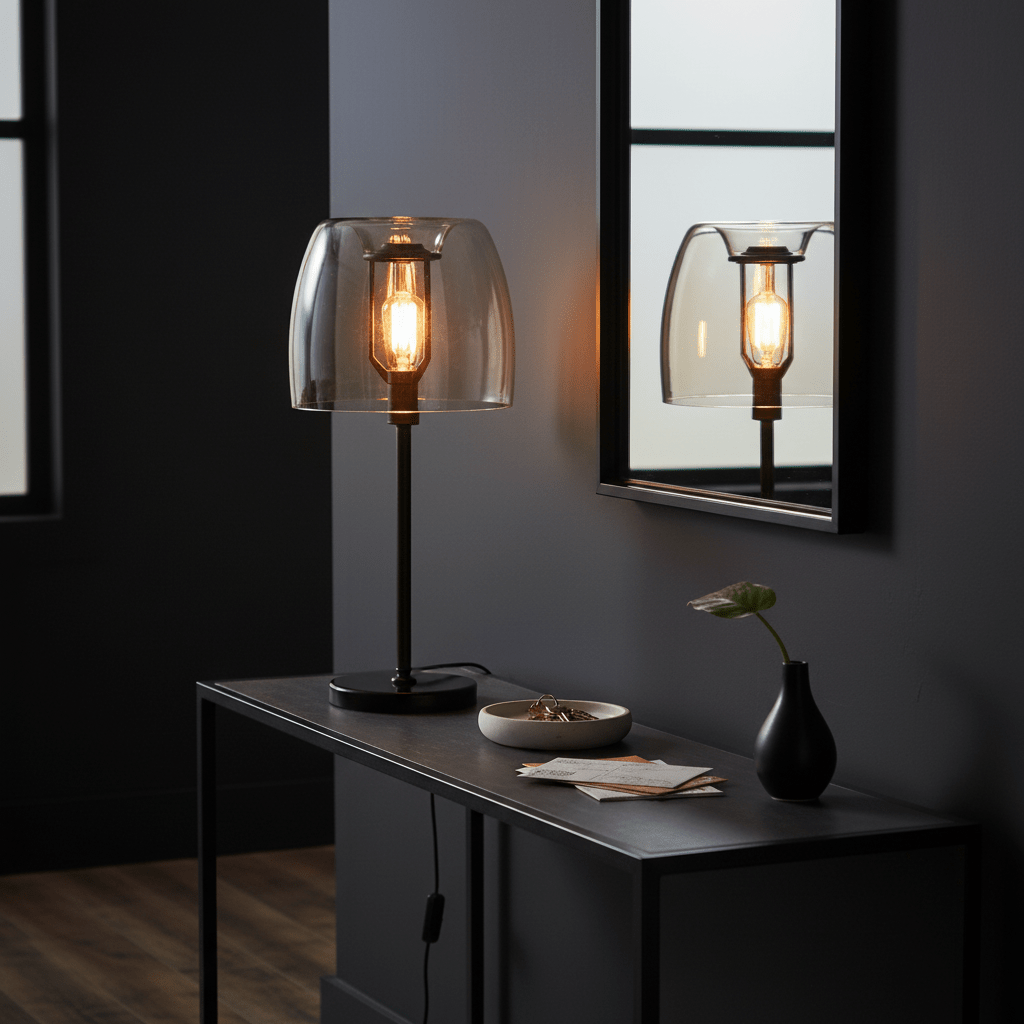 Campbell Cognac Table Lamp on a sleek console table, casting a warm glow with a mirror in the background.