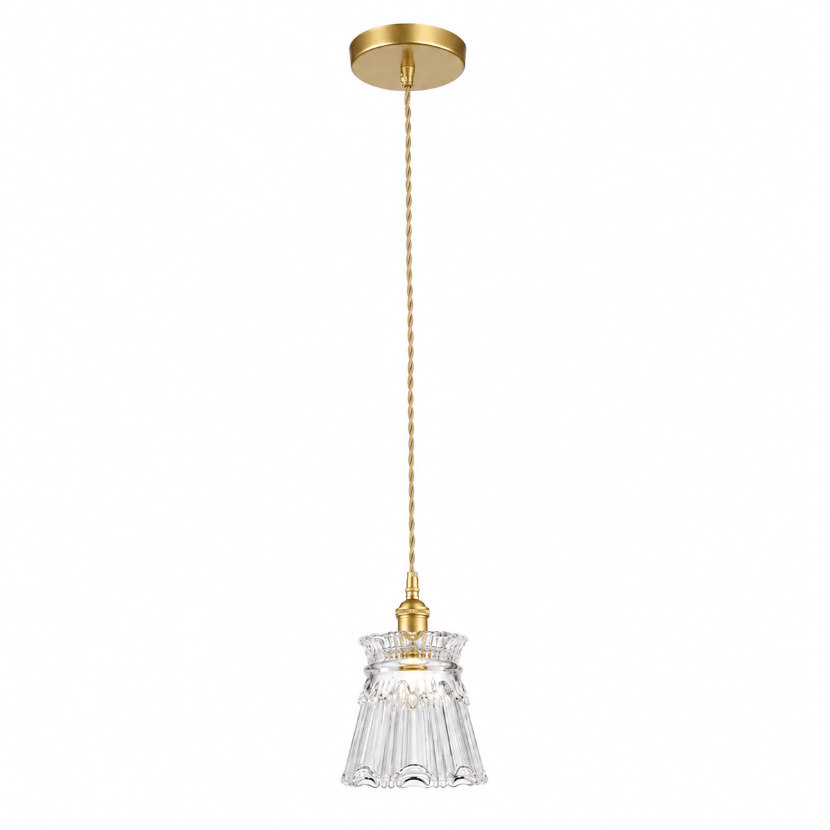 A gold ceiling mount supports a twisted cord leading to a fluted clear glass pendant light.