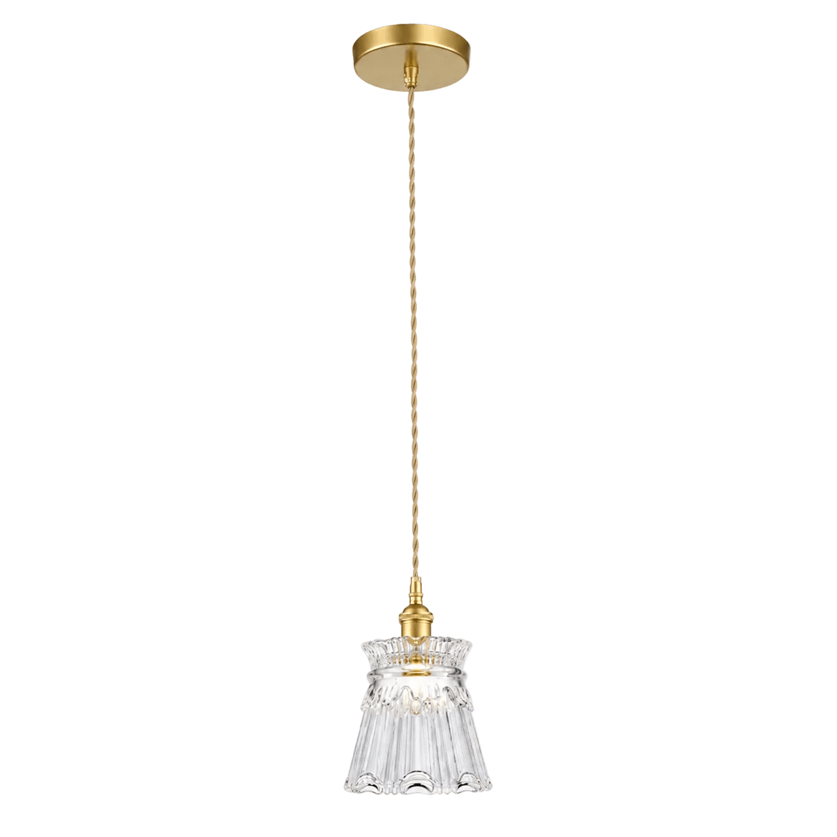 A gold ceiling mount supports a long twisted cord leading to a fluted clear glass pendant light.